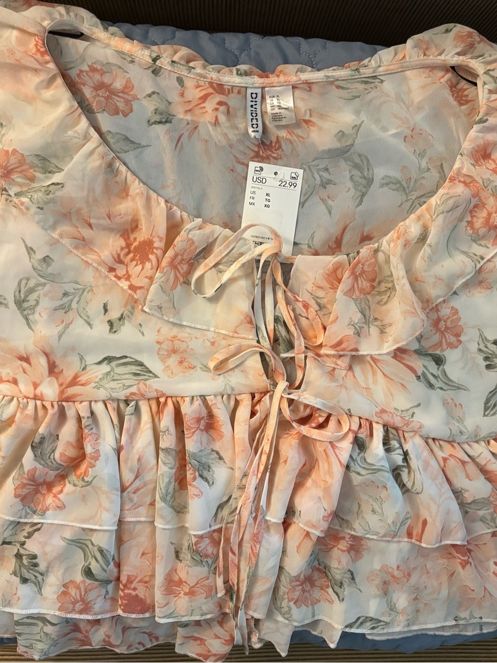 Divided Peach Floral Ruffle Tie-Front Blouse
